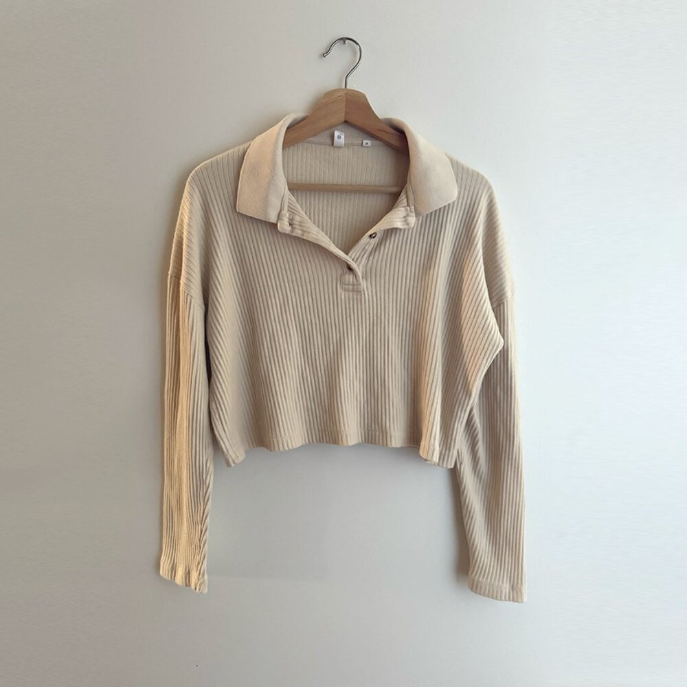 KOTN Ribbed Cropped Polo Sweater – Cream, Size M
